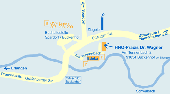 HNO-Praxis Dr. med. Wolfgang Wagner, Buckenhof bei Erlangen, Anfahrtsskizze